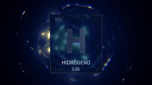 Hydrogen as Element 1 of the Periodic Table. Seamlessly looping 3D animation on blue illuminated atom design background with orbiting electrons. Name, atomic weight, element number in Spanish language