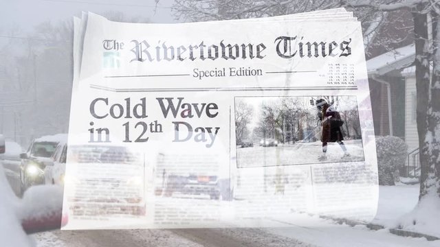 A fictional retro newspaper blizzard snowstorm coldwave winter background concept.  	