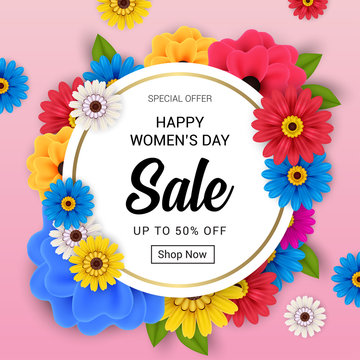happy women's sale poster with abstract flower concept design vector