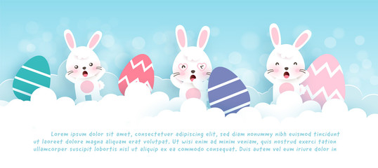 Easter banner with cute rabbits and Easter eggs in paper cut style.
