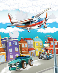 Fototapeta premium cartoon scene with police car driving through the city and emergency plane flying - illustration for children