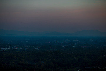 Blurry background Of the natural, high angle view From the viewpoint, you can see the colorful sky and see the houses surrounded.