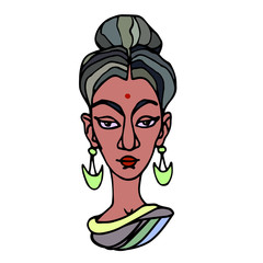 head of an hindu young cute brunette girl with earrings & Bindi, avatar, color vector illustration with black contour lines isolated on a white background in a hand drawn and cartoon style