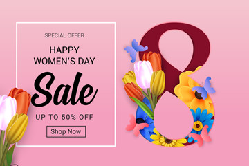 happy women's day sale banner on pink background with 8 and flower concept design vector illustration