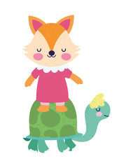 baby shower cute little turtle and fox with dress cartoon