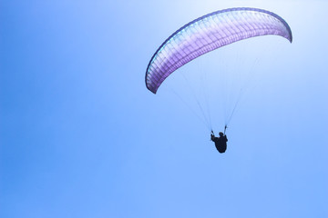 paraglider flying in blue sky on valleys landscape in Indonesia