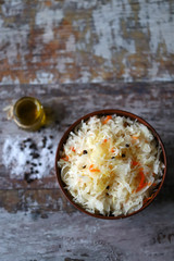 Sauerkraut in a bowl. Probiotics and fermented foods. Selective focus.