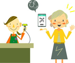 QR決済　スマホ　シニア女性