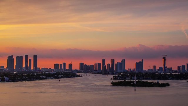 Time Lapse - Beautiful Sunset Cloudscape of Downtown Miami Skyline   - 4K