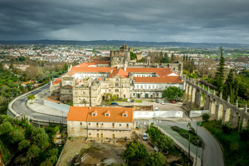 Aerial view of Tomar convent of Christ and aqueduct near the Templar castle in Portugal 