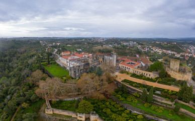 Fototapeta na wymiar Aerial view of Tomar castle and convent on a winter afternoon in Portugal
