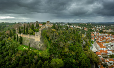 Aerial view of Tomar castle and convent on a winter afternoon in Portugal