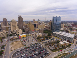 Fototapeta na wymiar Aerial view of Tower of the Americas and downtown buildings in San Antonio, Texas, TX, USA.