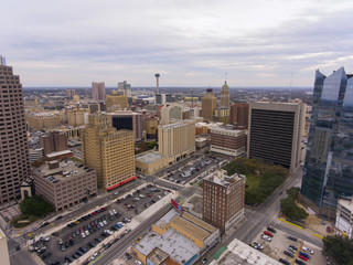 Aerial view of Tower of the Americas and downtown buildings in San Antonio, Texas, TX, USA.