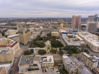 Aerial view of the Alamo Mission in downtown San Antonio, Texas, TX, USA. The Mission is a part of the San Antonio Missions World Heritage Site.