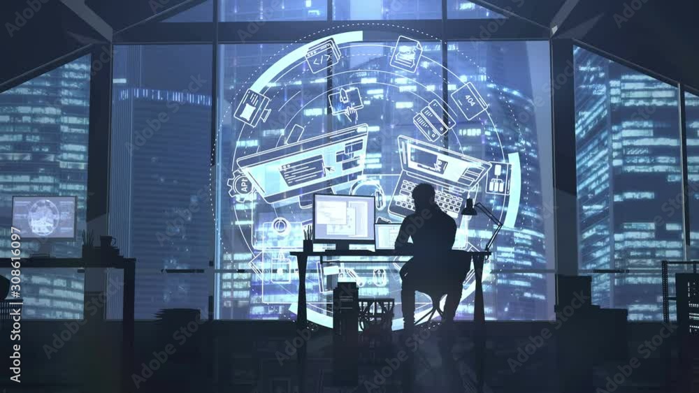 Poster silhouette of a web developer on the background of evening skyscrapers