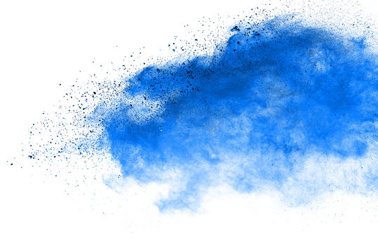 Abstract brown powder explosion. Closeup of blue dust particle splash isolated on white  background