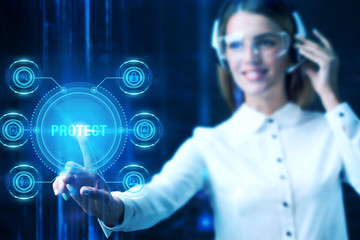 Cyber Security Data Protection Business Technology Privacy concept. Businessman presses a button Protect on the virtual screen tablet future.