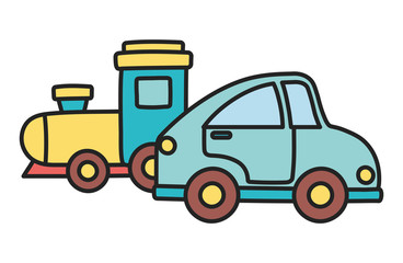 Fototapeta premium kids toy, blue car and train plastic objects