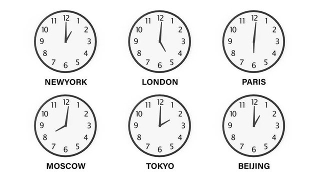 loopable running World time zone clocks footage on white  background.