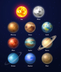Colorful sun, moon and nine planets of solar system on deep blue space background. Galaxy discovery and exploration. Realistic planetary vector illustrations set. Astronomy and astrophysics science