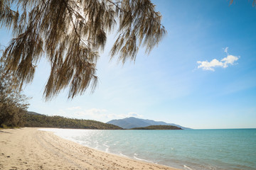 Tropical view of Dingo Beach, Queensland Australia on a bright afternoon. Vibrant blue water in...