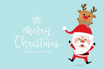 Fototapeta na wymiar Merry Christmas and happy new year greeting card with cute Santa Claus and deer. Holiday cartoon character in winter season. -Vector.
