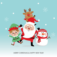 Merry Christmas greeting card with Santa Claus, deer, snowman and little elf. Cute holiday cartoon character vector.