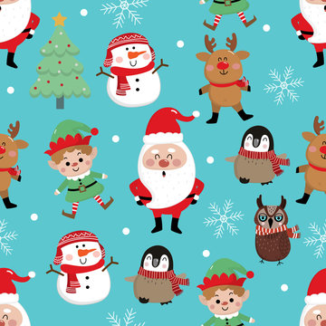 Merry Christmas greeting card background. Santa Claus, deer, snowman, owl, penguin and little elf seamless pattern. Cute holiday cartoon character vector set.