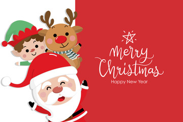 Merry Christmas and happy new year greeting card with Santa Claus, reindeer, and little elf. Cute holiday cartoon character vector.
