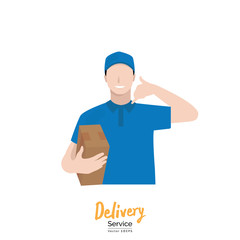 Delivery man holding box and making call me gesture