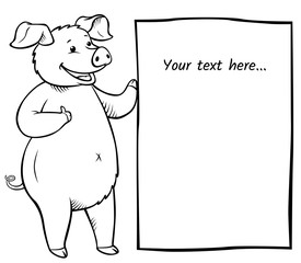 Place your text here. Cute pig with the banner. Coloring page.