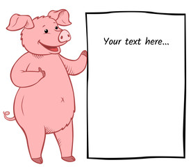 Place your text here. Cute smiling pig with the banner.