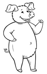 Cute pig stands and smiles. Thumb up! Coloring page.