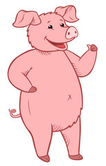 Naklejka na ściany i meble Cute funny pig stands and smiles. Thumb up!