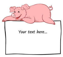 Place your text here. Cute smiling pig lays on the banner.