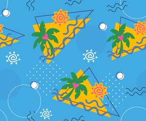 Fototapeta na wymiar Memphis seamless patterns with geometric, mesh, fashion 80-90s. Hand drawn tropical illustration pattern, triangle with palm tree and stylized sun, striped and other elements for fashion, wallpaper,