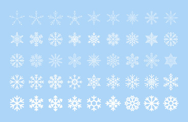 Icy snowflakes winter decoration collection vector illustration. Set of flat blue line snowflake icons on white background for new year celebration design or winter season festive ormament decoration