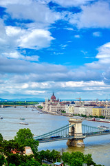 Naklejka premium A view of Budapest, Hungary along the Danube River from Fisherman's Bastion.