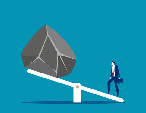 Man with huge stones on seesaw. Concept business balance vector illustration,  Rock, Pushing