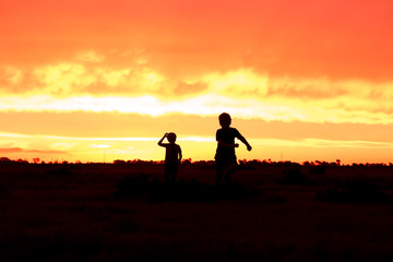 Obraz na płótnie Canvas Silhouette of two boys playing on a farm at sunset