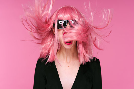 Woman With Pink Wig And Glasses