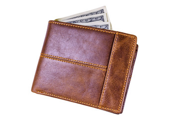 Brown leather wallet and one hundred dollar banknotes isolated on a white background