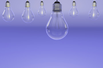  3d rendering of leadership and different creative idea concepts. Glass light bulbs on blue background. Realistic light bulbs idea banner on abstract scene with place for text.