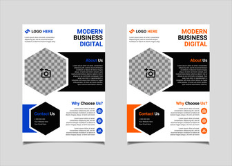 Business flyer template vector design, A4 brochure template blue and amber geometry shapes used for business poster layout, IT Company flyer, corporate banners, and leaflets