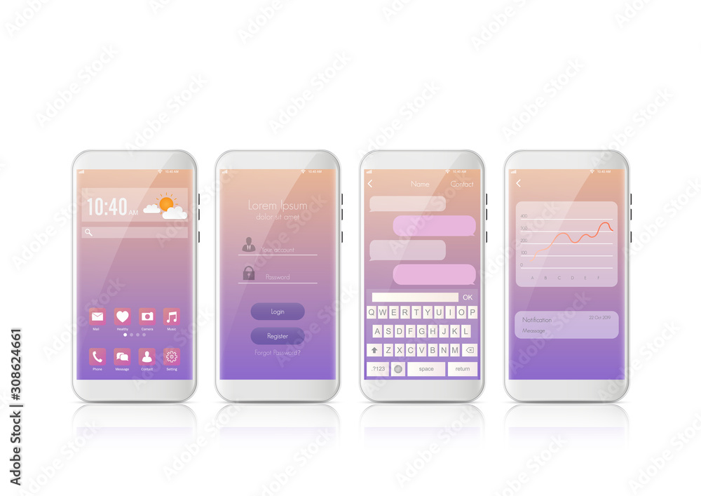 Poster new realistic mobile smart phone modern style. vector smartphone with set of ui, ux, gui screens. in