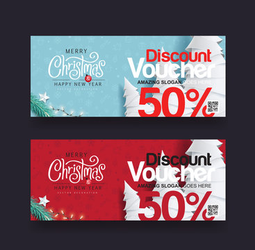 Christmas voucher with paper craft ,gift card,discount,coupon,Vector illustration.
