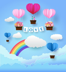 Colorful air balloon in the sky, valentine day , paper art style