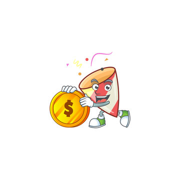 Happy Exploding Confetti Cartoon Character With Gold Coin