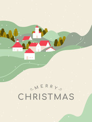 Christmas poster template design, small village on the mountain in green tones